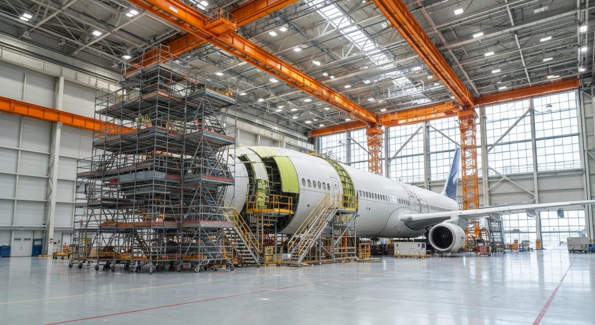 Avion en cours d'assemblage dans un hangar industriel