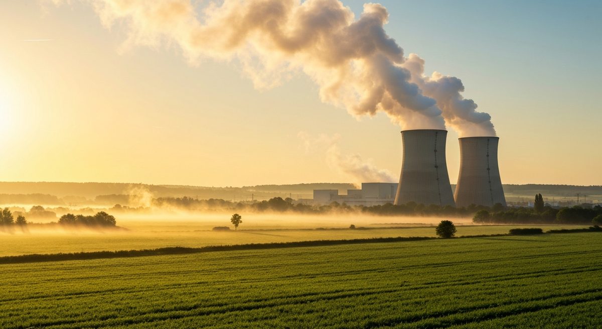 Tours de refroidissement d'une centrale nucléaire dans la campagne