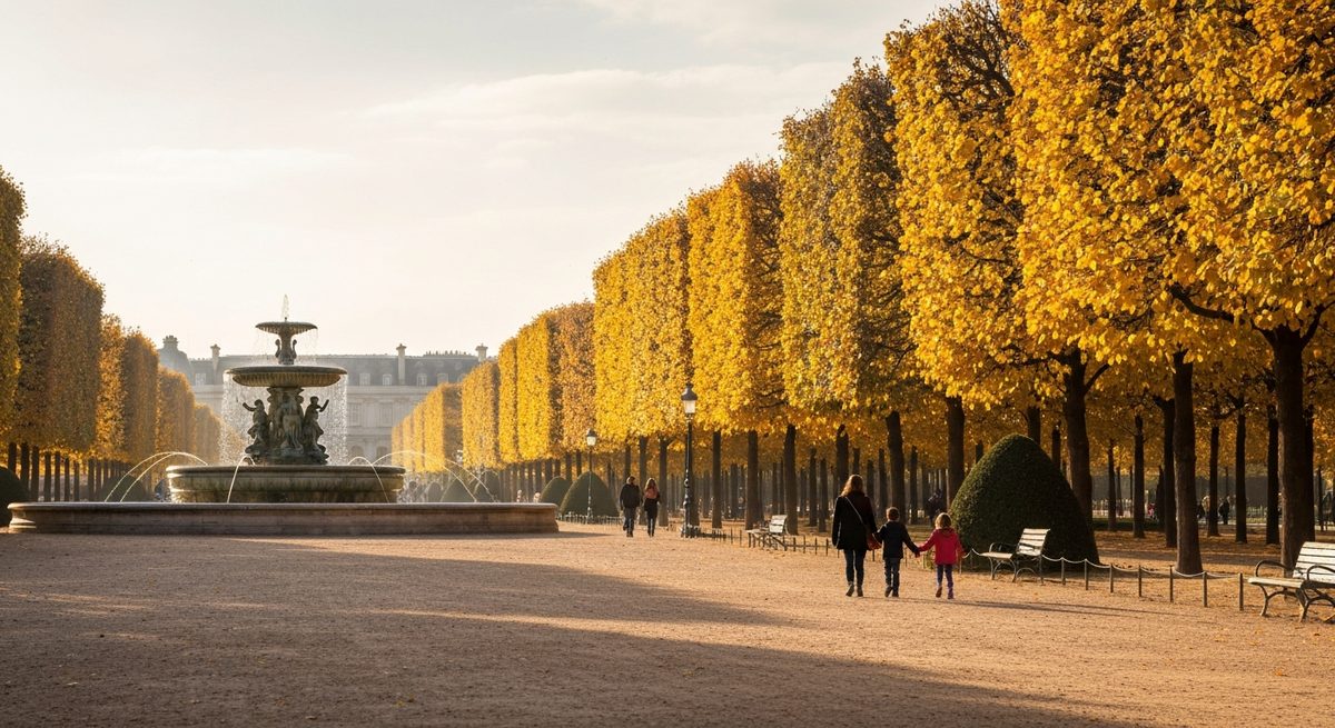 Familles se promenant dans un jardin parisien en automne