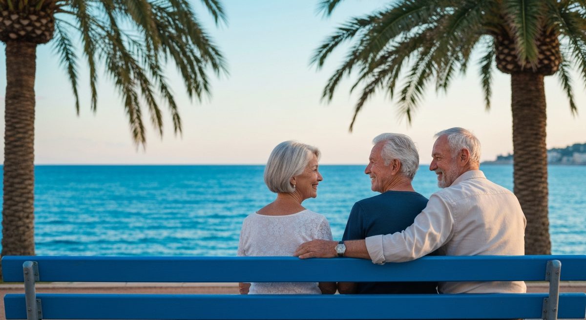Retraités assis sur un banc bleu face à la mer, sous les palmiers